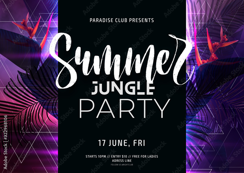 Dark purple neon tropical summer party flyer with banana palm leaves and jungle flowers. Modern blurs and gradients. Electric glow background with copy space. Vector illustration.