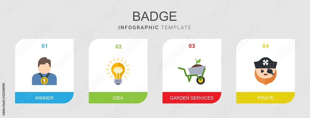 4 badge flat icons set isolated on infographic template. Icons set with winner, Idea, Garden services, pirate icons. 4 badge flat icons set isolated on infographic template. Icons set with winner, Idea, Garden services, pirate icons.