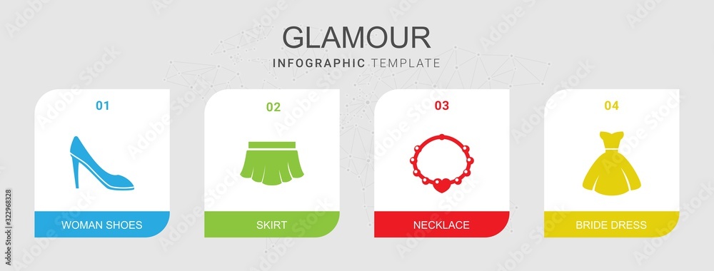 4 glamour filled icons set isolated on infographic template. Icons set with woman shoes, skirt, necklace, bride dress icons. 4 glamour filled icons set isolated on infographic template. Icons set with woman shoes, skirt, necklace, bride dress icons.