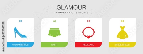Fototapeta 4 glamour wypełnione zestaw ikon na białym tle na plansza szablon. Zestaw ikon z kobieta buty, spódnica, naszyjnik, ikony sukni panny młodej.