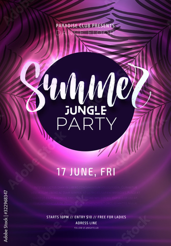 Dark purple neon tropical summer party flyer with palm leaves. Electric glow background with copy space. Modern blurs and gradients. Vector illustration.