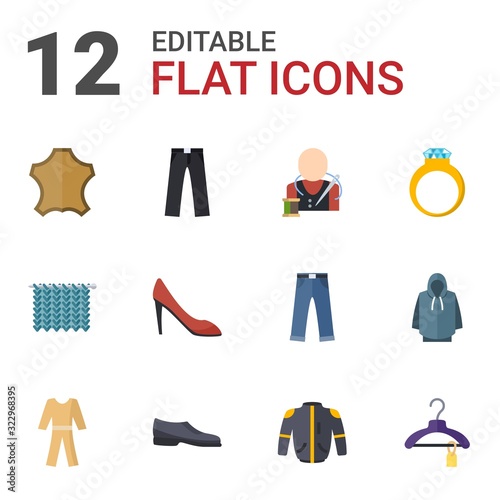 12 fashion flat icons set isolated on white background. Icons set with leather  trousers  tailor  Knitting  woman shoes  diamond ring  pyjamas  Man shoes  jacket  Clothes icons.