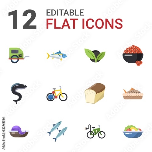 12 healthy flat icons set isolated on white background. Icons set with pet trailer, tuna, vegetarian, eel, bike sharing, caviar, seafood, sardine, elektro bike, Salad, baked fish icons.