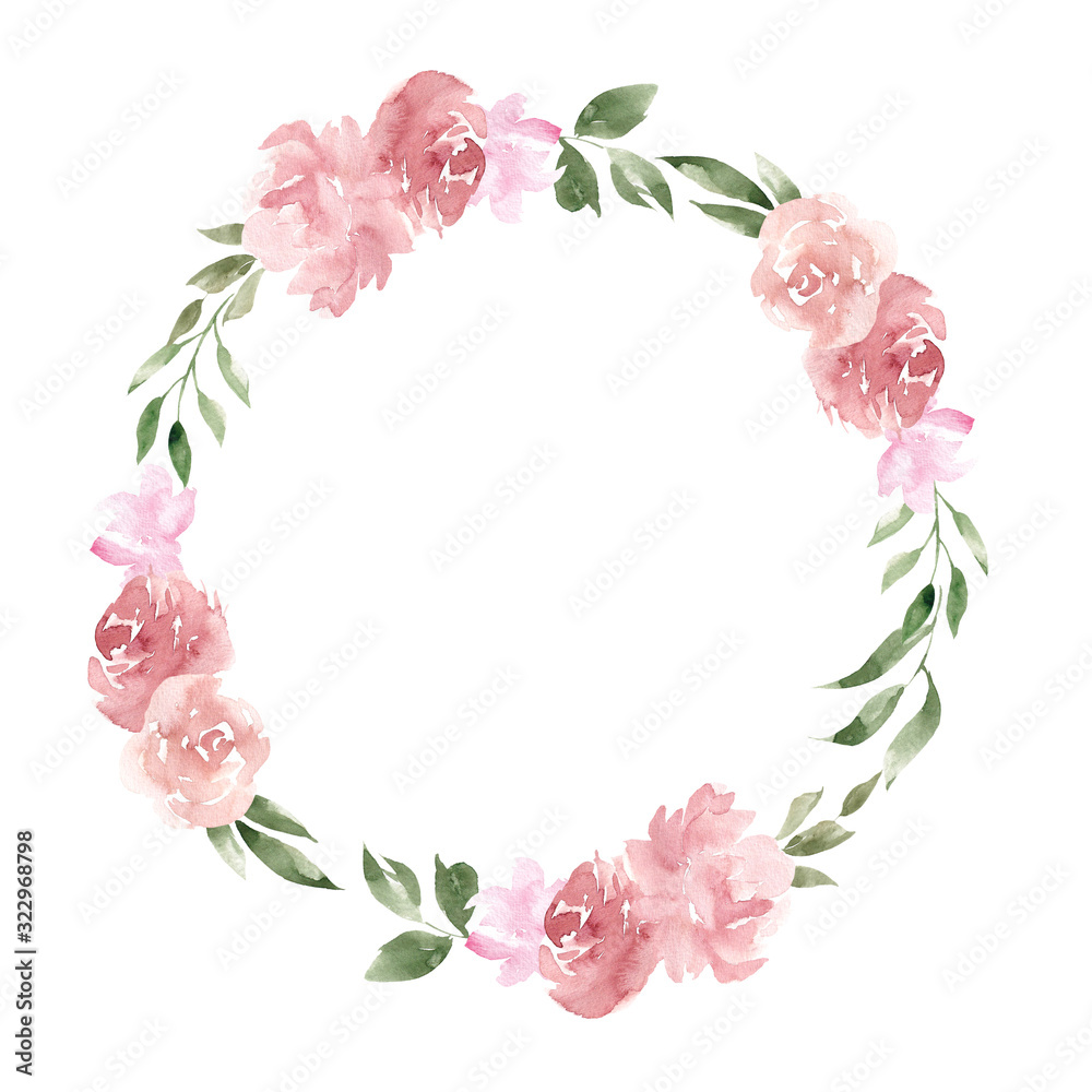 Watercolor illustration wreath with spring flowers and leaves isolated on white background
