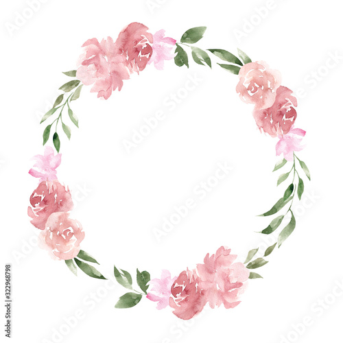Fototapeta Naklejka Na Ścianę i Meble -  Watercolor illustration wreath with spring flowers and leaves isolated on white background