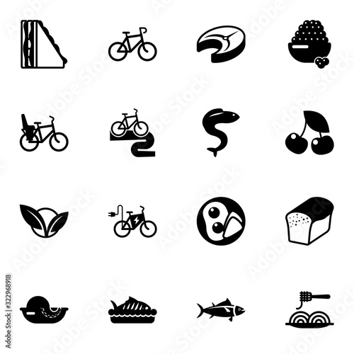 16 healthy filled icons set isolated on white background. Icons set with sandwich, Bike, fish steak, Bike Child seat, Bike tour, eel, vegetarian, elektro caviar, cherry icons.
