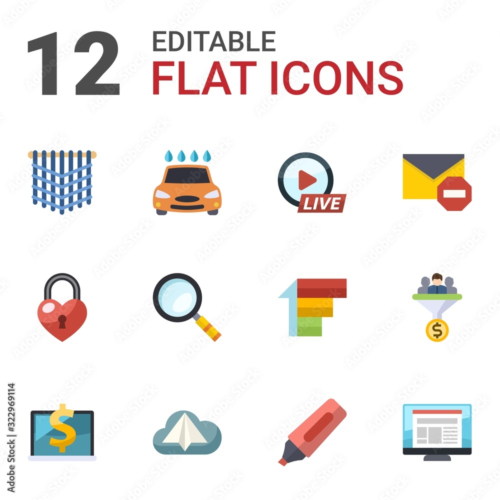 12 symbol flat icons set isolated on white background. Icons set with macrame, Car wash service, Live Event Streaming, heart lock, Magnifier, Spam, Computer-Based Training icons. 12 symbol flat icons set isolated on white background. Icons set with macrame, Car wash service, Live Event Streaming, heart lock, Magnifier, Spam, Computer-Based Training icons.