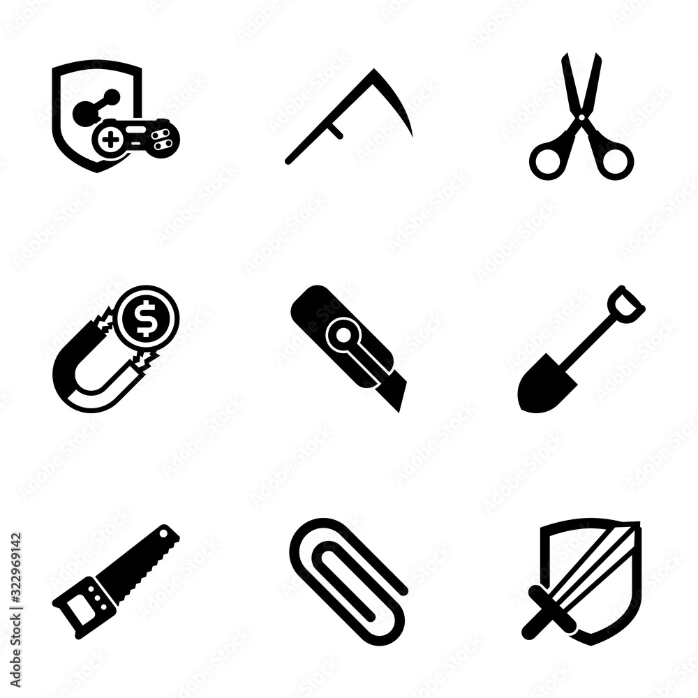 9 steel filled icons set isolated on white background. Icons set with game clan, Scythe, Scissors, Attract, Cutter knife, Shovel, Hand saw, Paperclip, RPG icons. 9 steel filled icons set isolated on white background. Icons set with game clan, Scythe, Scissors, Attract, Cutter knife, Shovel, Hand saw, Paperclip, RPG icons.