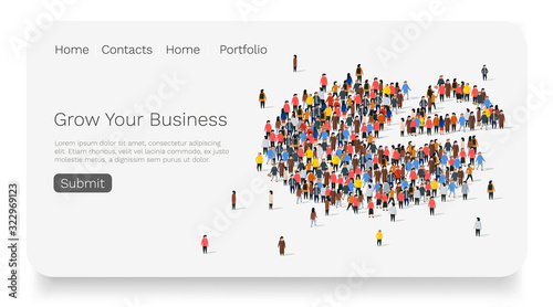 People crowd in form of pie chart composed of people. Web site landing page. Statistic concept.