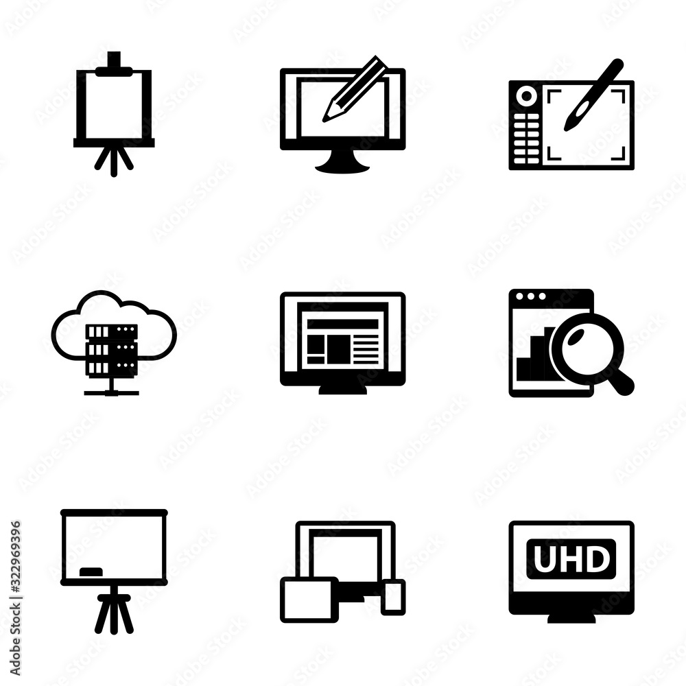 9 display filled icons set isolated on white background. Icons set with Easel, Digital illustration, Graphic tablet, e-Book, layout, Web analytics, Board stand, responsive web design icons. 9 display filled icons set isolated on white background. Icons set with Easel, Digital illustration, Graphic tablet, e-Book, layout, Web analytics, Board stand, responsive web design icons.