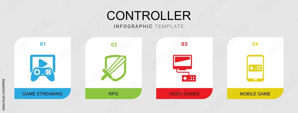 4 controller filled icons set isolated on infographic template. Icons set with Game streaming, RPG, Video games, Mobile game icons. 4 controller filled icons set isolated on infographic template. Icons set with Game streaming, RPG, Video games, Mobile game icons.