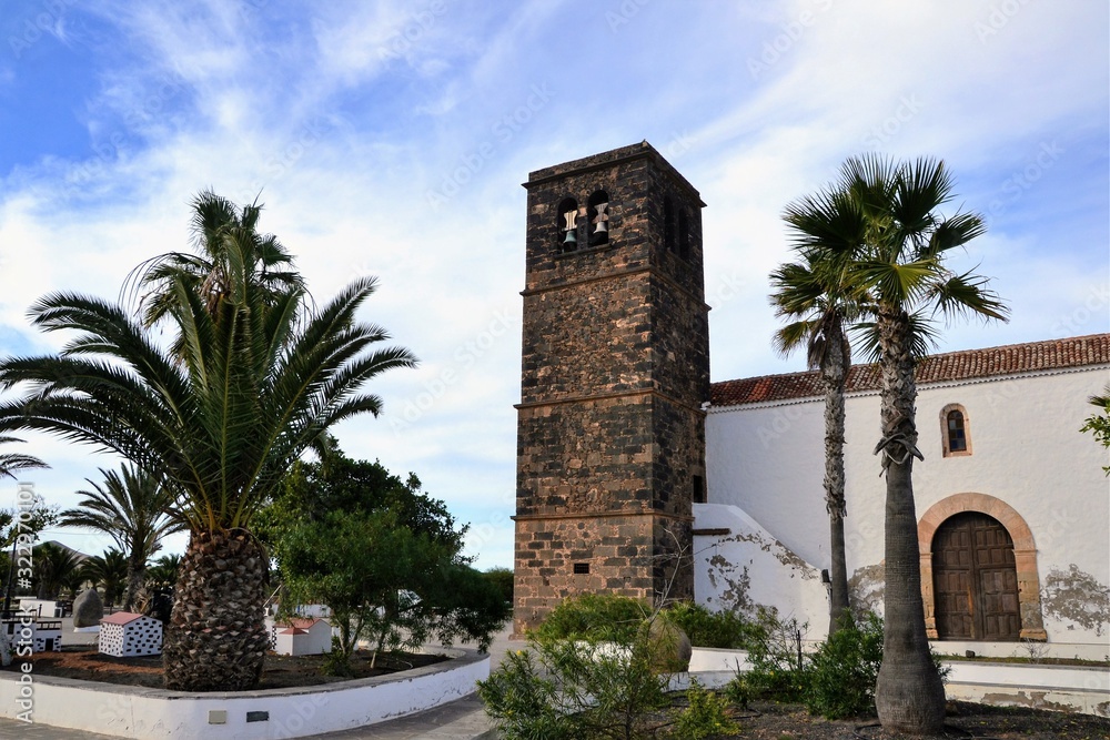 Church of Our Lady of Candelaria (Church of Nuestra Senora de la Candelaria) located in La Oliva, Fuerteventura, Spain. A 16th century church with a volcanic stone tower