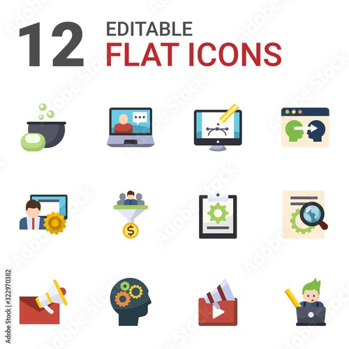 12 process flat icons set isolated on white background. Icons set with Soap making, eCommerce solutions, Webdesign, social media management, Lead conversion, Information Architecture icons.