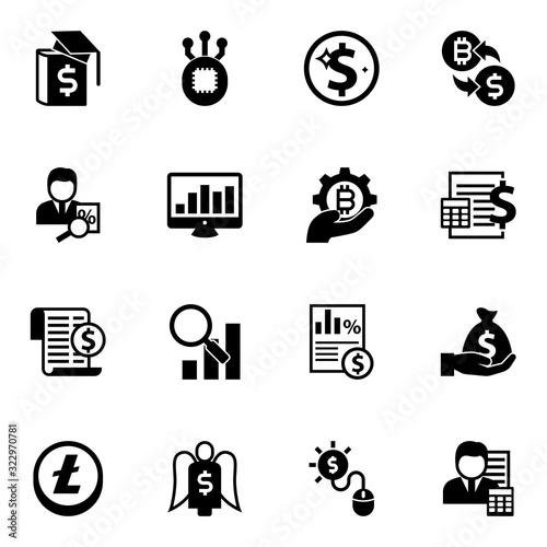 16 finance filled icons set isolated on white background. Icons set with Business education, Fork, Net Income, tax consultant, SEO monitoring, fintech industry, Expenses icons.
