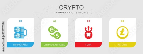 4 crypto filled icons set isolated on infographic template. Icons set with mining farm, crypto-exchange, Fork, Altcoin icons.