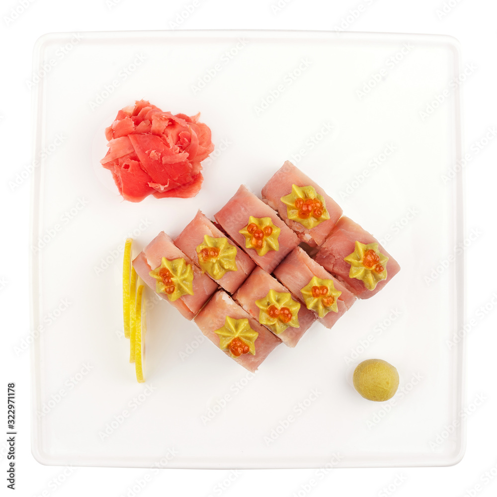 Set of sushi for a large company, rolls, california, philadelphia with lava sauce, ginger and wasabi, white isolated background, view from above Set of sushi for a large company, rolls, california, philadelphia with lava sauce, ginger and wasabi, white isolated background, view from above