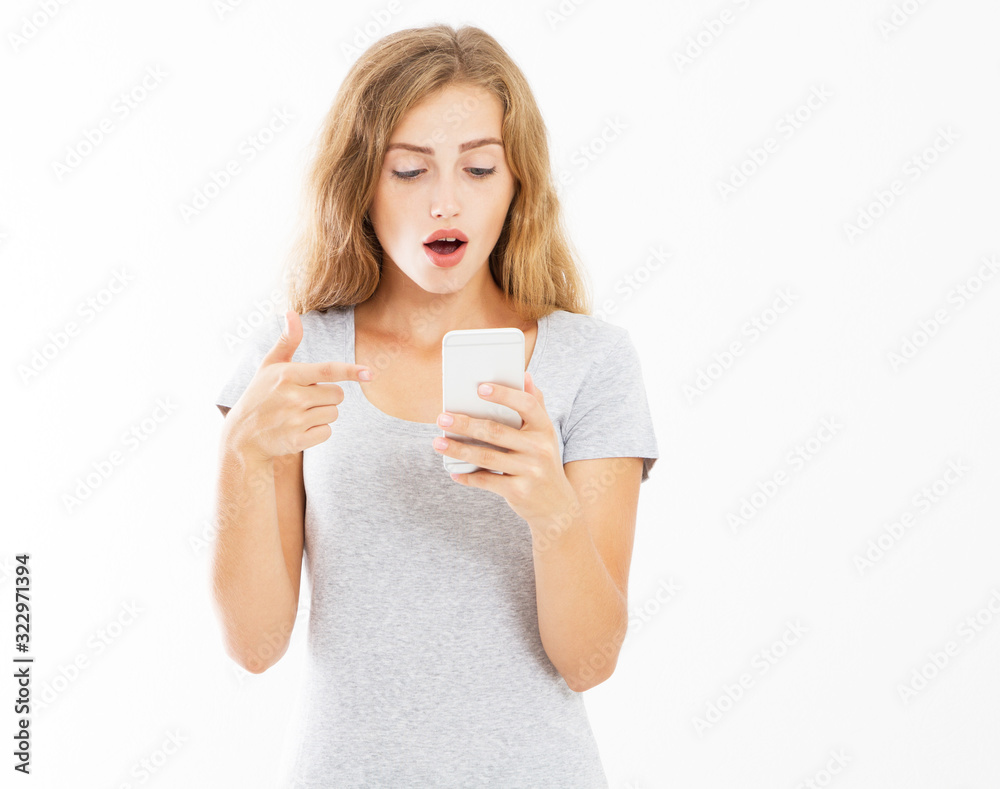 Wow concept - emotional girl woman holding phone isolated, mock up, winner hipster Wow concept - emotional girl woman holding phone isolated, mock up, winner hipster