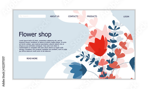 Flower shop landing page template. Vector flat illustration of flowers and branches.