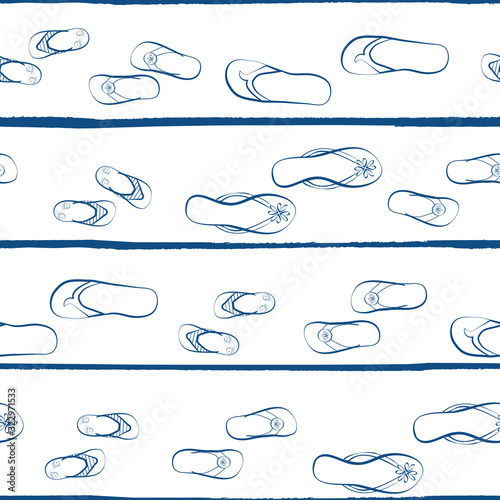 Flip flop shoe vector seamless pattern background. Hand drawn outline style with hand drawn grunge stripes. White and navy blue colors. Summer vacation concept.