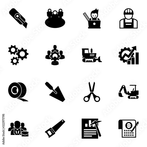 16 work filled icons set isolated on white background. Icons set with Cutter knife, team, graphic designer, cogwheel, colleague, bulldozer, Scotch tape, trowel, builder icons.