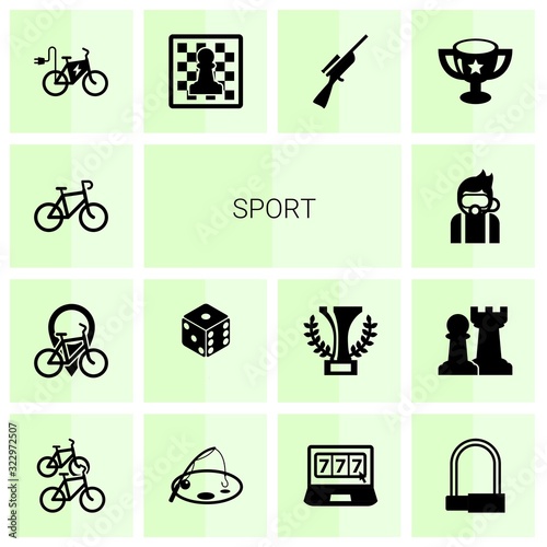 14 sport filled icons set isolated on white background. Icons set with Bike, Bike rental, dice, Diving, elektro bike, Chess, Hunting, award, station, Fishing, online casino icons.