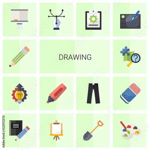 14 drawing flat icons set isolated on white background. Icons set with Pencil, Innovation business, Marker, quest, Board stand, Vector, project, Graphic tablet, Stationery icons.