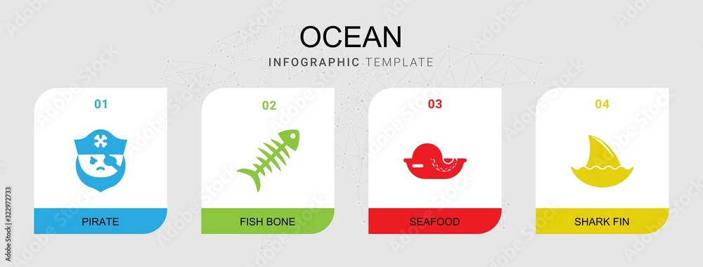 4 ocean filled icons set isolated on infographic template. Icons set with pirate, fish bone, seafood, shark fin icons.