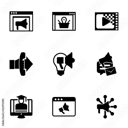 9 promotion filled icons set isolated on white background. Icons set with Banner Ads, ecommerce solutions, Encoding, Call To Action, Creative campaign, social media campaign icons.