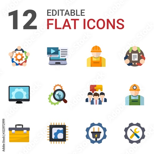 12 support flat icons set isolated on white background. Icons set with teamwork, Systems Integration, builder, Computer repair, Search optimization, toolbox, Electronics repair icons.