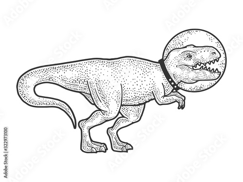 Astronaut cartoon Tyrannosaurus dinosaur animal in glass helmet sketch engraving vector illustration. T-shirt apparel print design. Scratch board imitation. Black and white hand drawn image.