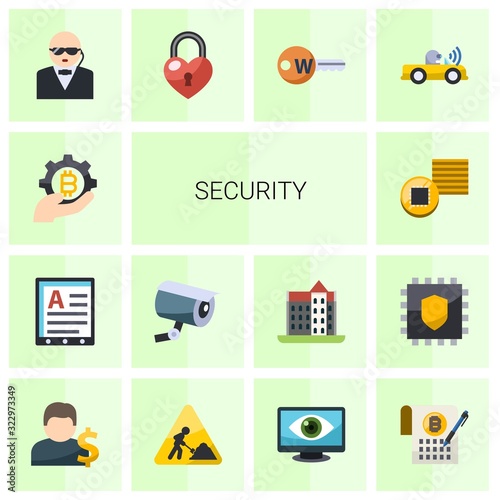 14 security flat icons set isolated on white background. Icons set with fintech industry, Web Hosting, security camera, Tokens, heart lock, Keyword, Autonomous, Account icons.