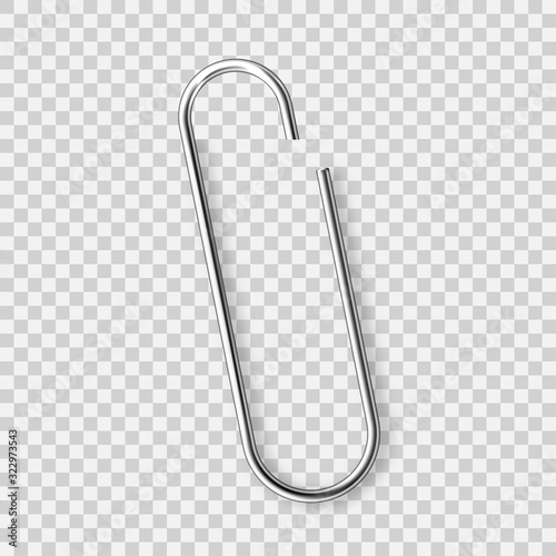Realistic tilted metal paper clip. Page holder, binder. Vector illustration.