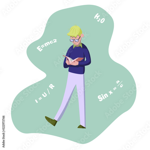 A student with glasses is reading a textbook. Preparation for examination. Scientific formulas. Illustration in flat style