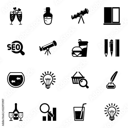16 glass filled icons set isolated on white background. Icons set with champagne, mana potion, telescope, SEO, Astronomy, Beverage, Aquarium, Idea, window, Drawing tools icons.