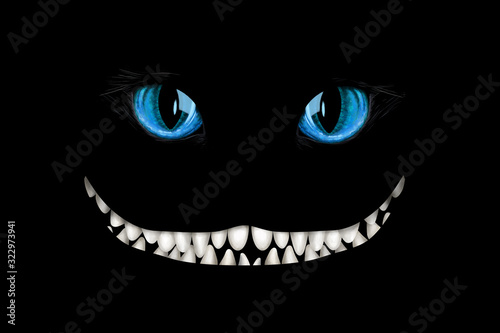 Mad cheshire smile and eyes on black background. Deco element, card-, flyer- base, clip art photo