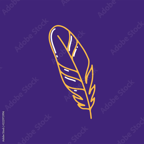 Shiny gold feather over dark background. Concept for temporary cartoon tattoo. Vector illustration.