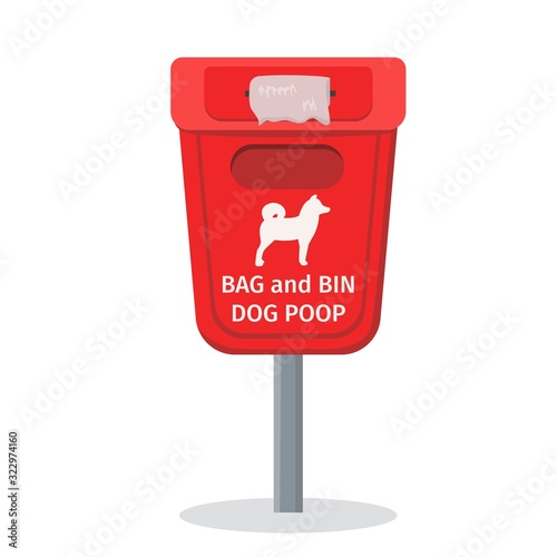 Dog waste bin wth disposal bags and text - Bag and bin dog poop. Vector illustration.