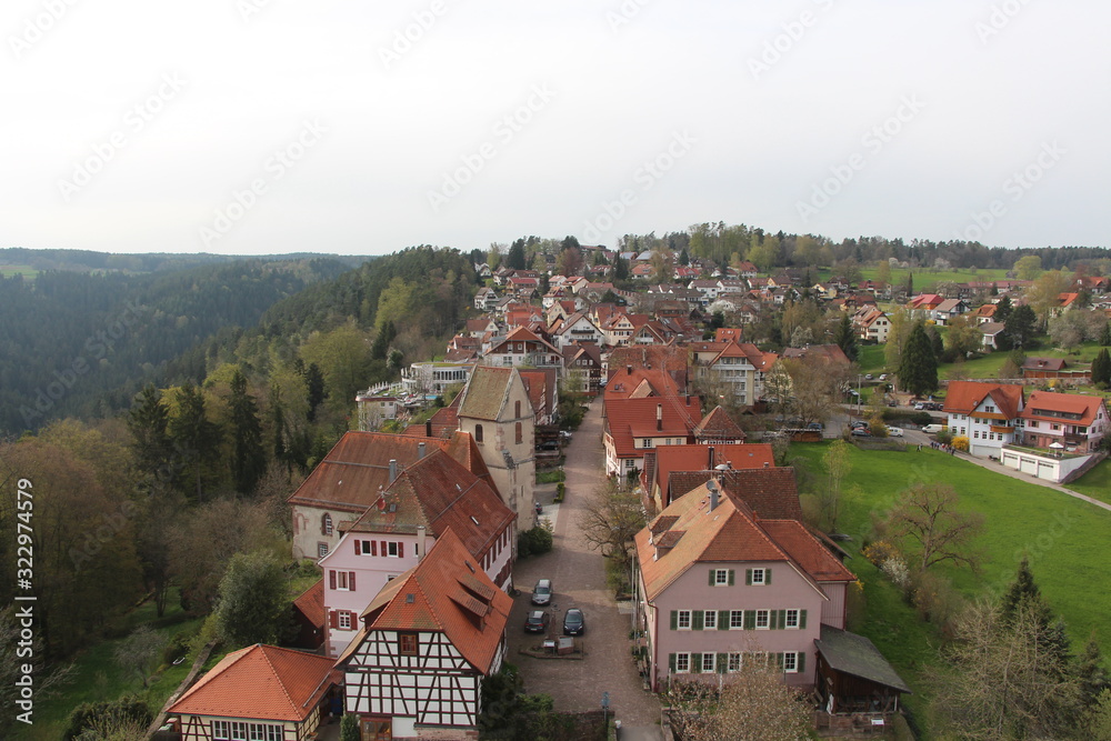 A small European city on top of a mountain. Medieval residential buildings in a forest among nature. Historic city, Germany.