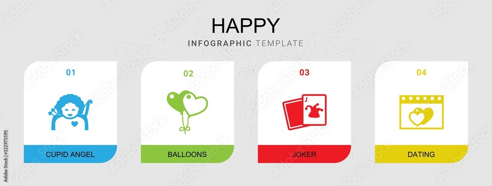 Fototapeta premium 4 happy filled icons set isolated on infographic template. Icons set with cupid angel, balloons, Joker, dating icons.