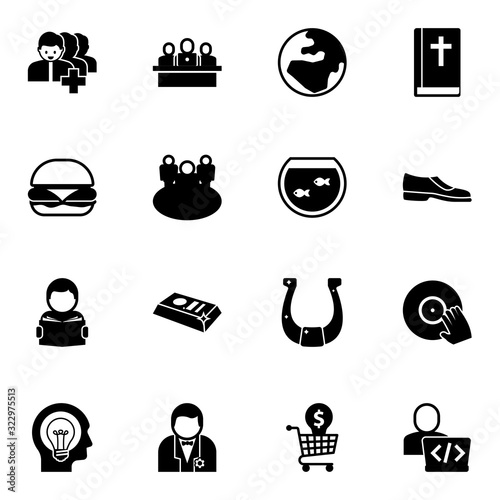 16 silhouette filled icons set isolated on white background. Icons set with Followers, developers team, globe, burger, team, Aquarium, Reading, gold bar, Bible, Man shoes icons.