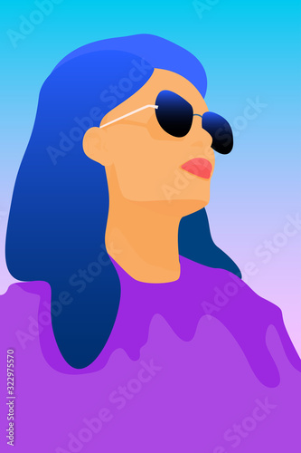 Portrait of fashinable woman in sunglasses. Young independent successful lady portrait for design card, party invitation, feminism event, girls power poster, shop sale, fashion show background etc.