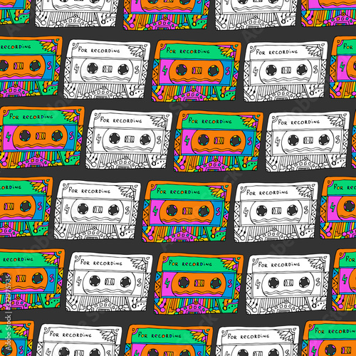 Retro seamless pattern with cassettes. Hipster fun style. Doodle musical background for wrapping, fabric, textile