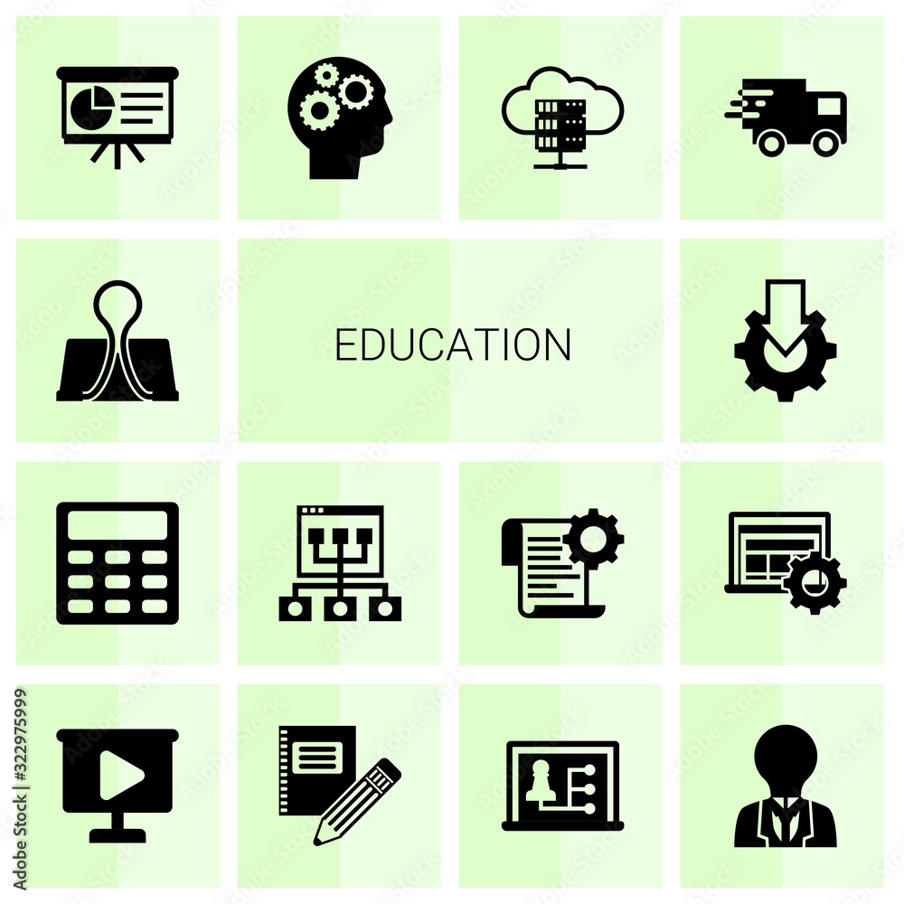 14 education filled icons set isolated on white background. Icons set with Binder clip, Calculator, Online coaching, Online tutorial, Presentation, Cognitive Science, e-Book icons. 14 education filled icons set isolated on white background. Icons set with Binder clip, Calculator, Online coaching, Online tutorial, Presentation, Cognitive Science, e-Book icons.