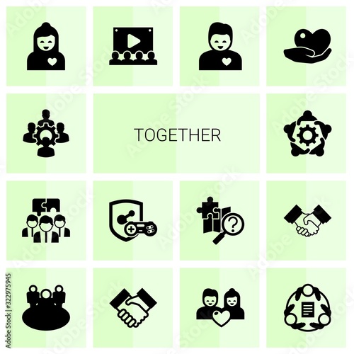 14 together filled icons set isolated on white background. Icons set with colleague, Team building, game clan, teamwork, boyfriend, Audience, girlfriend, caring, team, cooperation icons.