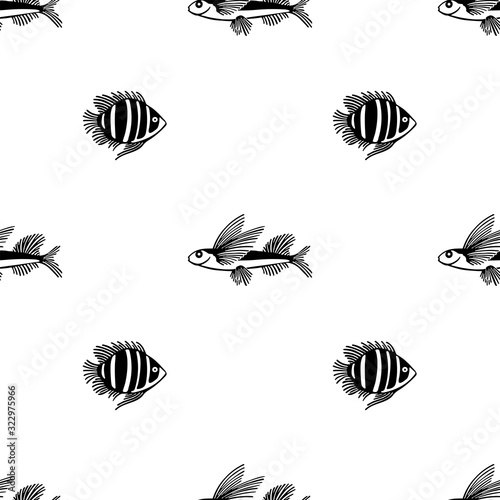 Seamless outline pattern of fish.Vector endless pattern. Fish pattern on white background. Design for fish market, shop, restaurant. For wrapping paper, box,scrapbooking, background