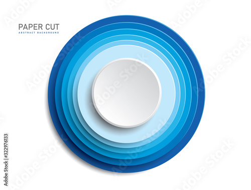 3d blue button shapes on white background in paper cut style. Vector design multi layered wheels width shadow.