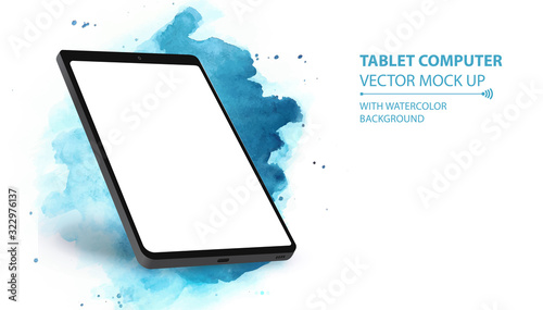 Tablet Computer Vector Mockup With Perspective View. Tablet PC Isolated on Blue Watercolor Background. 