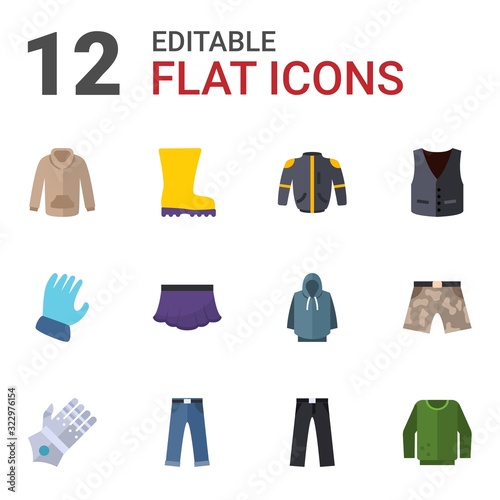12 wear flat icons set isolated on white background. Icons set with sweatshirt  Rubber boots  jacket  Garden gloves  skirt  vest  gauntlet gloves  jeans  trousers  jumper icons.