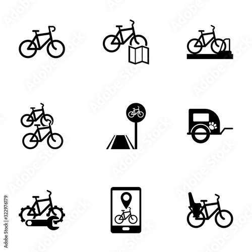 9 cycle filled icons set isolated on white background. Icons set with Bike, Bike rental map, bicycle parking, bike station, bicycle lane, pet trailer, repair service icons.