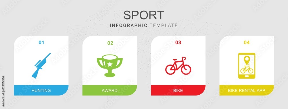 Naklejka premium 4 sport filled icons set isolated on infographic template. Icons set with Hunting, award, Bike, Bike rental app icons.